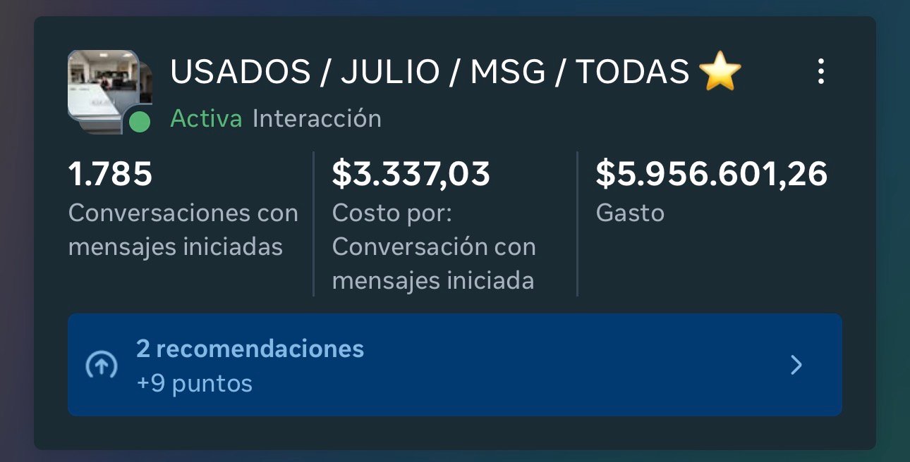 Resultados de la campaña Usados Julio: conversaciones, costo y gasto